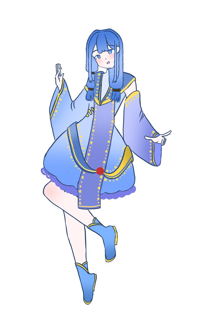 蓝色长发、身穿渐变蓝裙与星星装饰服饰的少女角色